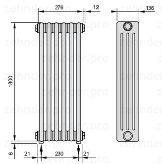 Схема (чертеж) Радиатор Zehnder Charleston 4180/6 №5310 Белый глянцевый RAL 9016